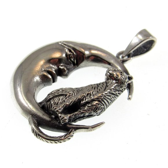 Solid 925 Sterling Silver Cat Familiar on Crescent Moon Pendant, Witchy Jewelry - Picture 7 of 8